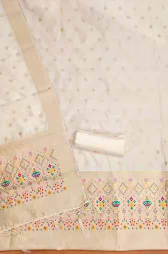 White soft silk blend silk pure zari woven dress material