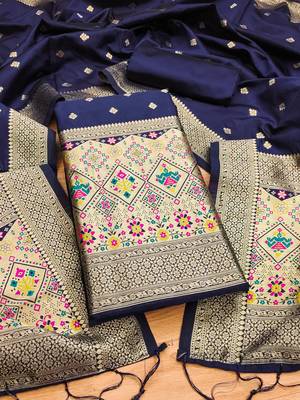 Navy blue soft silk blend silk pure zari woven dress material 1