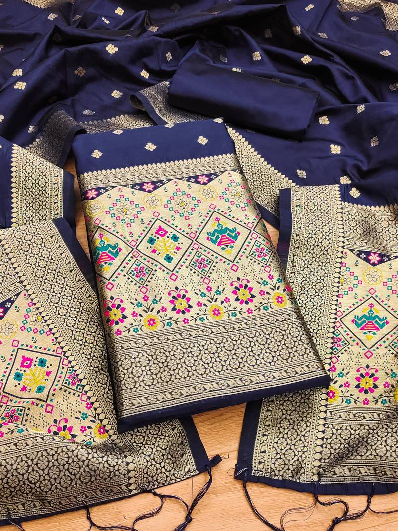 Navy blue soft banarasi silk pure zari woven design dress material