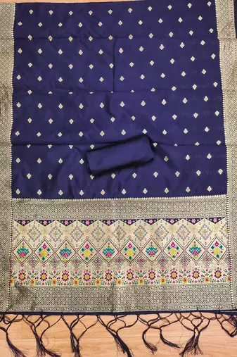 Navy blue soft silk blend silk pure zari woven dress material