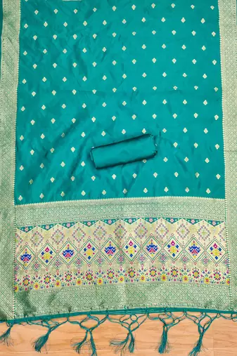 Teal soft silk blend silk pure zari woven dress material