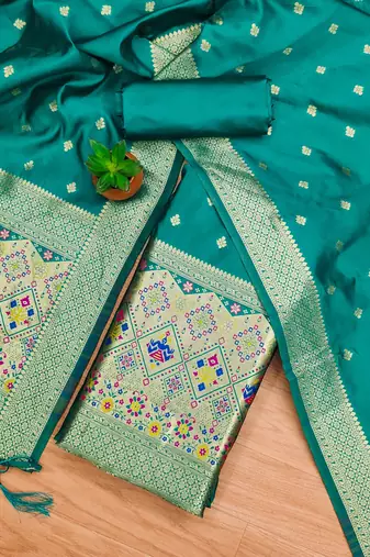 Teal soft silk blend silk pure zari woven dress material