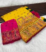 Yellow Color Kashmiri Thread Woven Work Pashmina Silk Blend  Saree