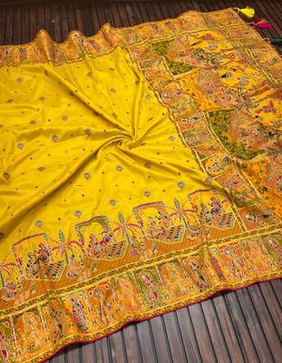 Yellow Color Kashmiri Thread Woven Work Pashmina Silk Blend  Saree 2