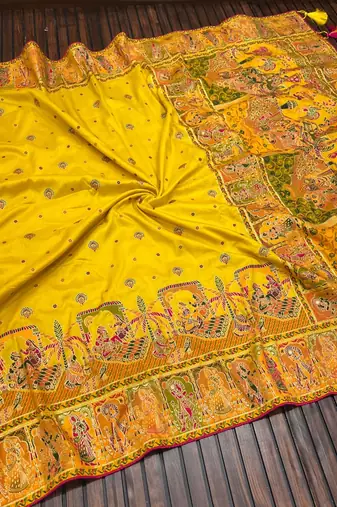 Yellow Color Kashmiri Thread Woven Work Pashmina Silk Blend  Saree