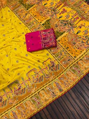 Yellow Color Kashmiri Thread Woven Work Pashmina Silk Blend  Saree 3