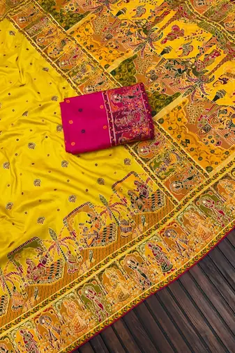 Yellow Color Kashmiri Thread Woven Work Pashmina Silk Blend  Saree