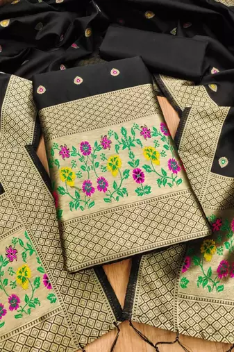 Black soft banarasi silk pure zari woven design dress material