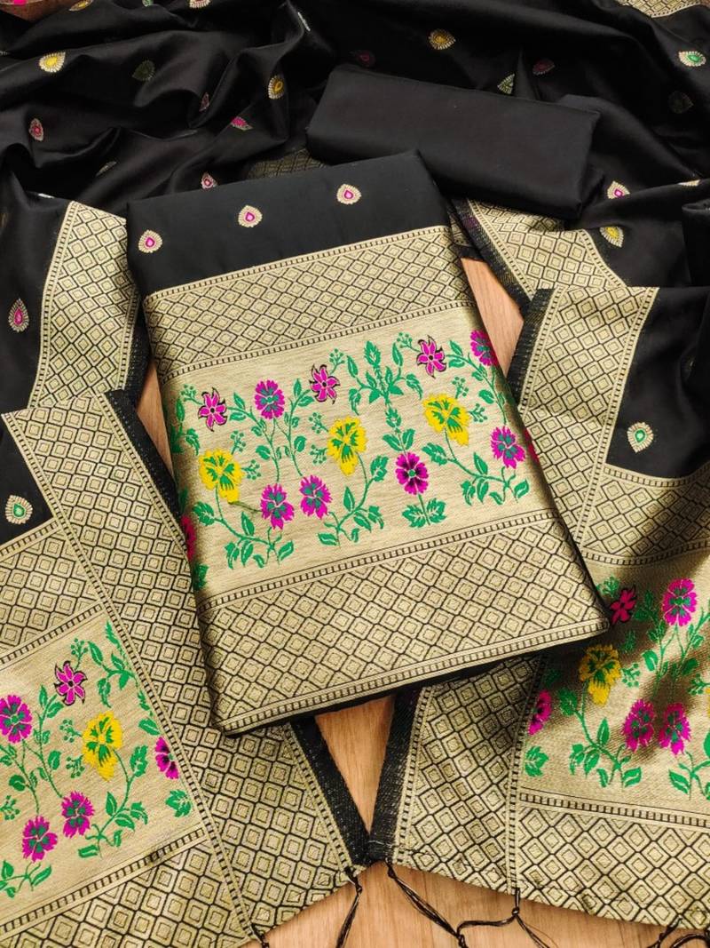 Black soft banarasi silk pure zari woven design dress material