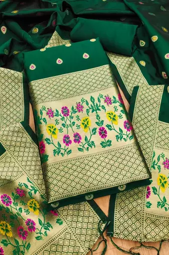 Bottle green soft banarasi silk pure zari woven design dress material