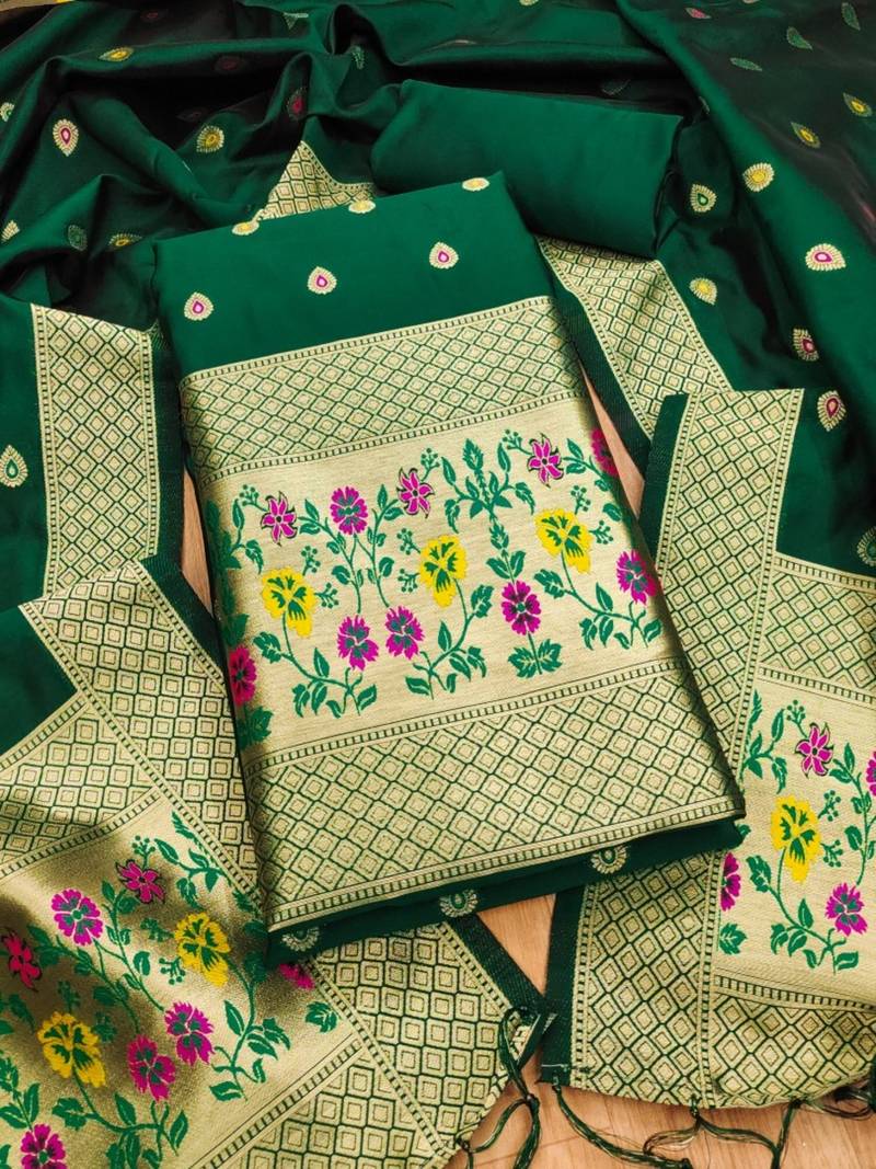 Bottle green soft banarasi silk pure zari woven design dress material