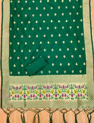 Bottle green soft banarasi silk pure zari woven design dress material 2