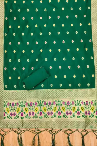 Bottle green soft banarasi silk pure zari woven design dress material