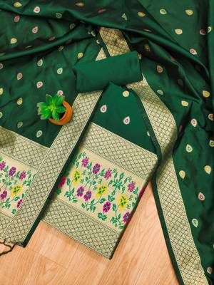 Bottle green soft banarasi silk pure zari woven design dress material 3