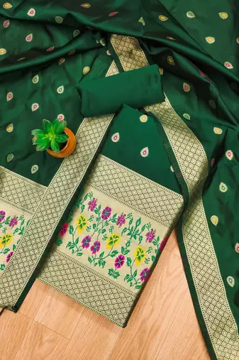 Bottle green soft banarasi silk pure zari woven design dress material