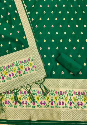 Bottle green soft banarasi silk pure zari woven design dress material 4