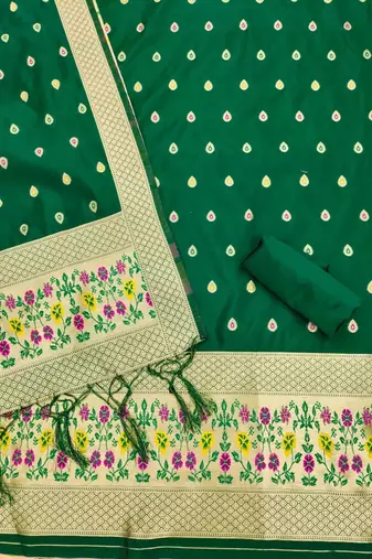 Bottle green soft banarasi silk pure zari woven design dress material