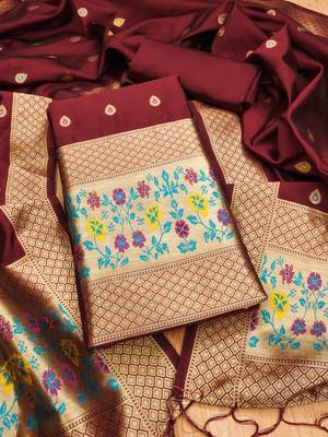 Maroon soft banarasi silk pure zari woven design dress material 1