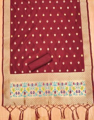 Maroon soft banarasi silk pure zari woven design dress material 2