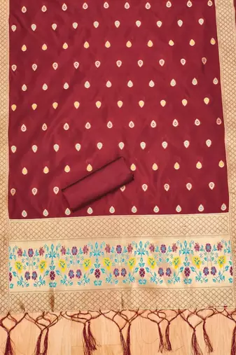 Maroon soft banarasi silk pure zari woven design dress material