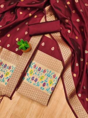 Maroon soft banarasi silk pure zari woven design dress material 3