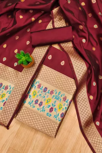 Maroon soft banarasi silk pure zari woven design dress material