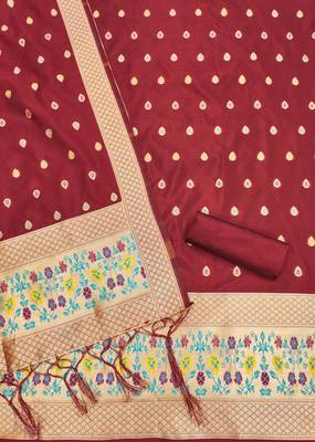 Maroon soft banarasi silk pure zari woven design dress material 4