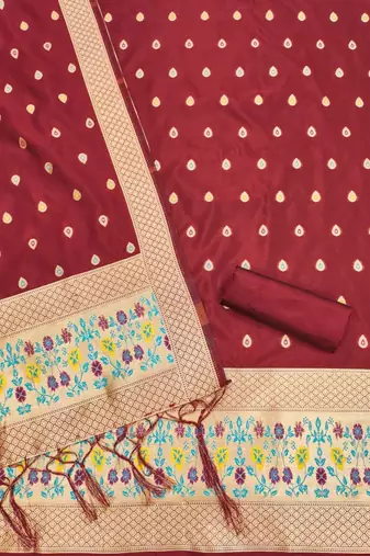 Maroon soft banarasi silk pure zari woven design dress material