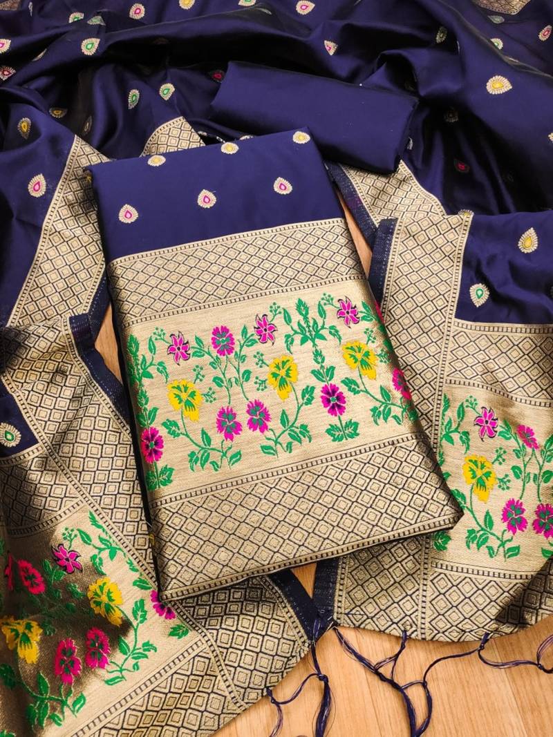 Navy blue soft banarasi silk pure zari woven design dress material