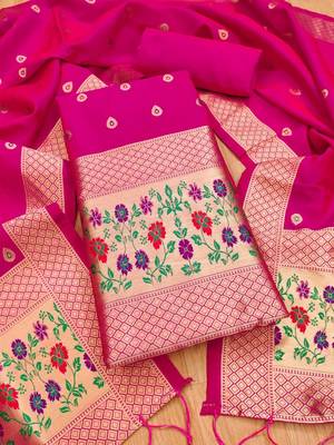 Pink soft banarasi silk pure zari woven design dress material 1