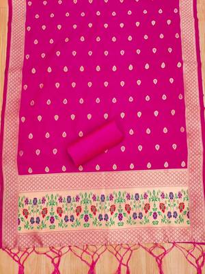 Pink soft banarasi silk pure zari woven design dress material 2