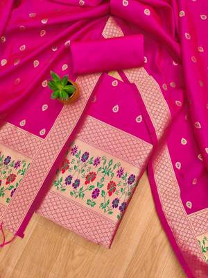 Pink soft banarasi silk pure zari woven design dress material 3