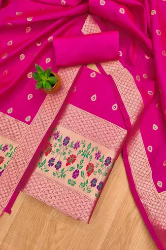 Pink soft banarasi silk pure zari woven design dress material