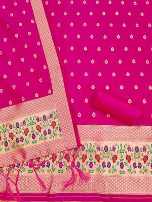 Pink soft banarasi silk pure zari woven design dress material 4