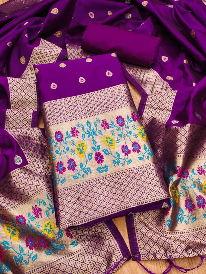 Purple soft banarasi silk pure zari woven design dress material