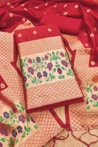 Red soft banarasi silk pure zari woven design dress material