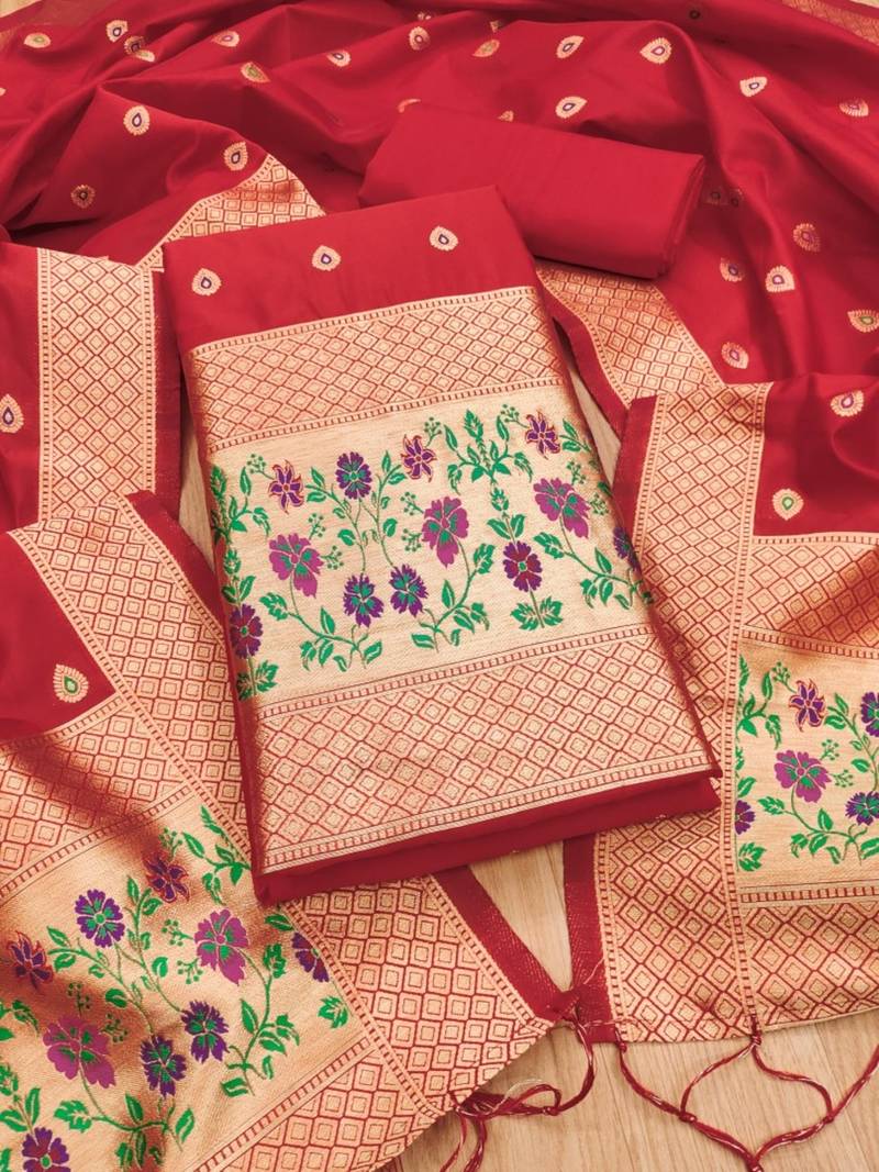 Red soft banarasi silk pure zari woven design dress material