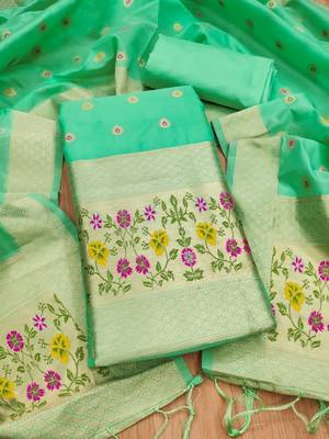 Sea green soft banarasi silk pure zari woven design dress material 1