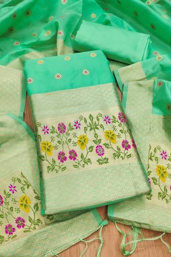 Sea green soft banarasi silk pure zari woven design dress material