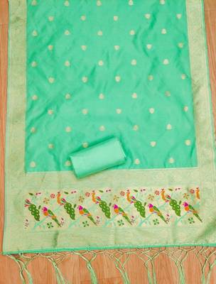 Sea green soft banarasi silk pure zari woven design dress material 2