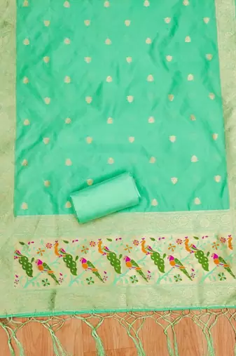Sea green soft banarasi silk pure zari woven design dress material