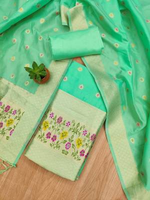 Sea green soft banarasi silk pure zari woven design dress material 3