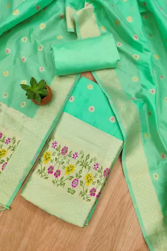 Sea green soft banarasi silk pure zari woven design dress material