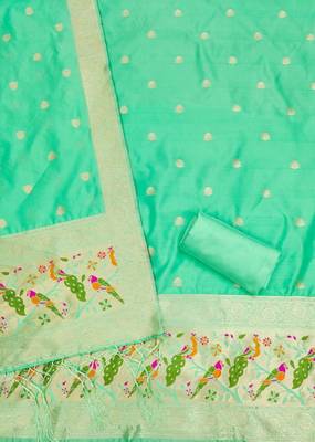 Sea green soft banarasi silk pure zari woven design dress material 4
