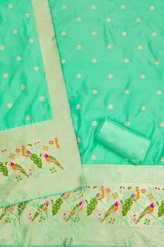 Sea green soft banarasi silk pure zari woven design dress material