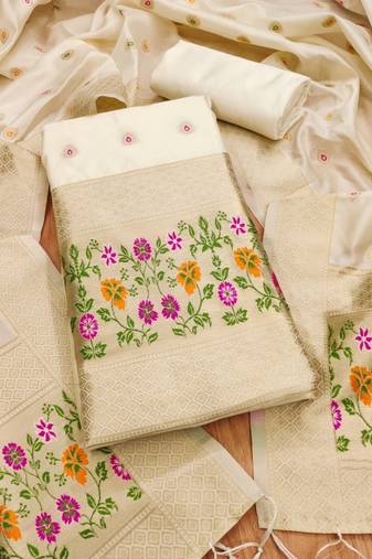 White soft banarasi silk pure zari woven design dress material