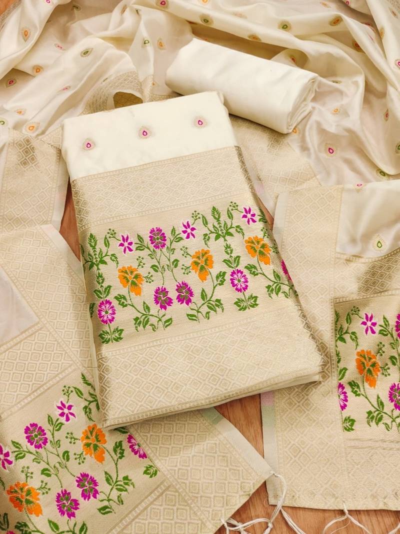 White soft banarasi silk pure zari woven design dress material