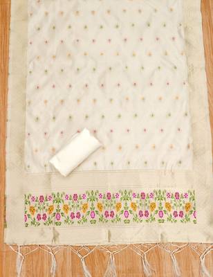 White soft banarasi silk pure zari woven design dress material 2