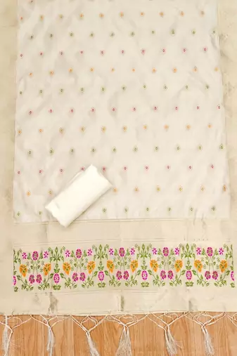 White soft banarasi silk pure zari woven design dress material