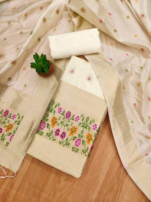 White soft banarasi silk pure zari woven design dress material 3